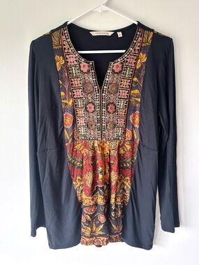 Soft Surroundings Black Embroidered V-neck Tunic Top Aztec Boho Western Floral